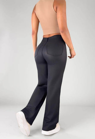 Pantalón Straight Efecto Cuero Tiro Alto 76306