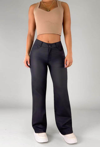 Pantalón Straight Efecto Cuero Tiro Alto 76306